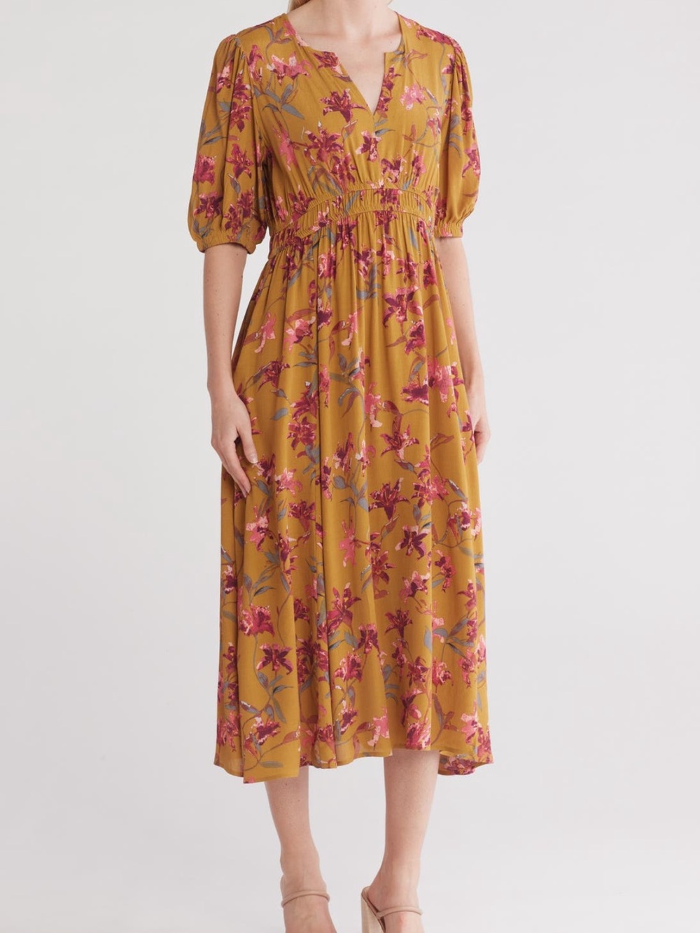 Melrose and Market Mustard Floral Midi Dress with Puff Sleeves